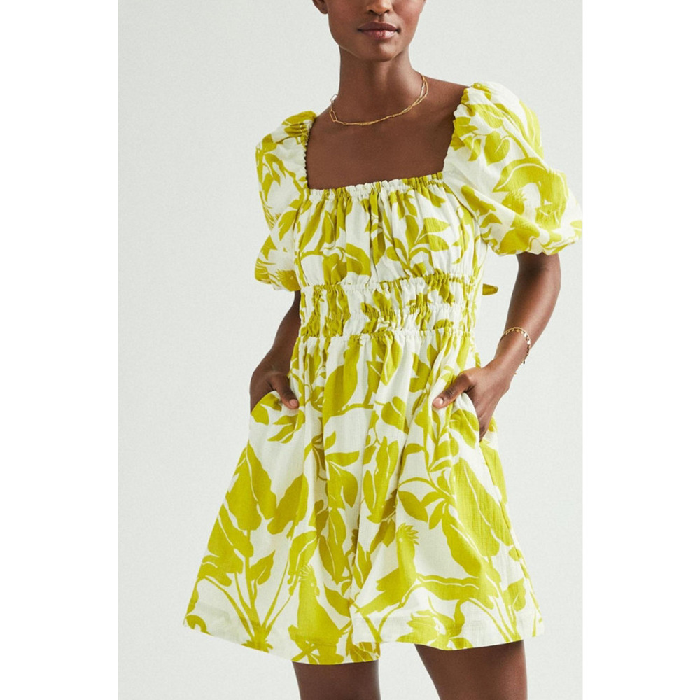 Anthropologie Maeve Feliciana Tropical Print Mini Dress XS Puff Sleeve Smocked